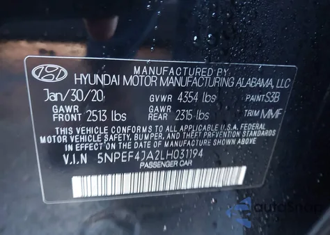 2020 Hyundai Sonata Sel z USA, uszkodzony, nr VIN 5NPEF4JA2LH031194